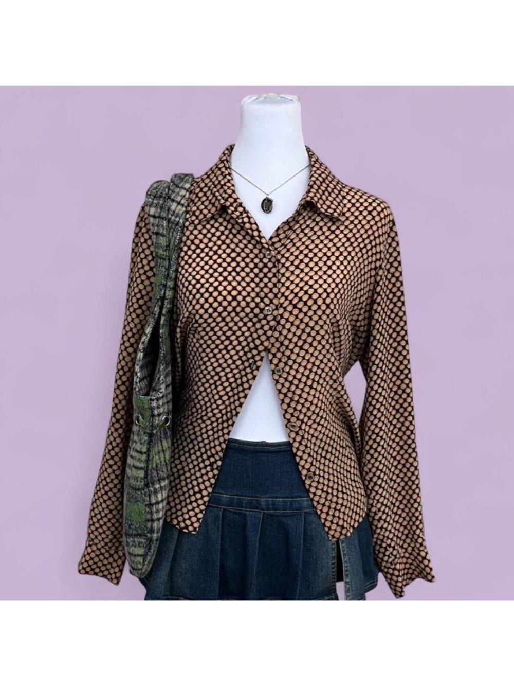 90s brown polka dot silk quirky boho whimsical button up shirt - Picture 1 of 8
